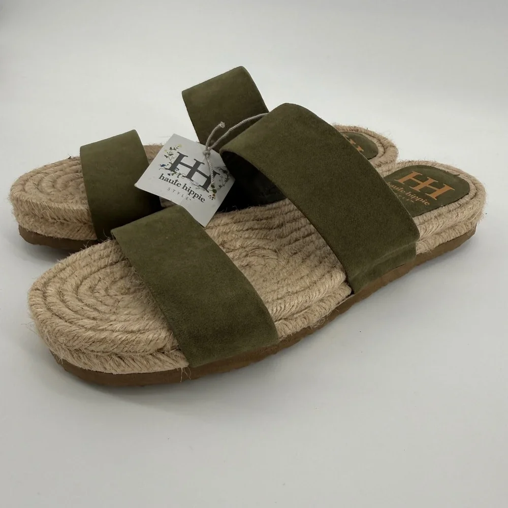 Haute Hippie Nori Olive Green Espadrille Slide Sandals Womens 7.5 M‎ NEW